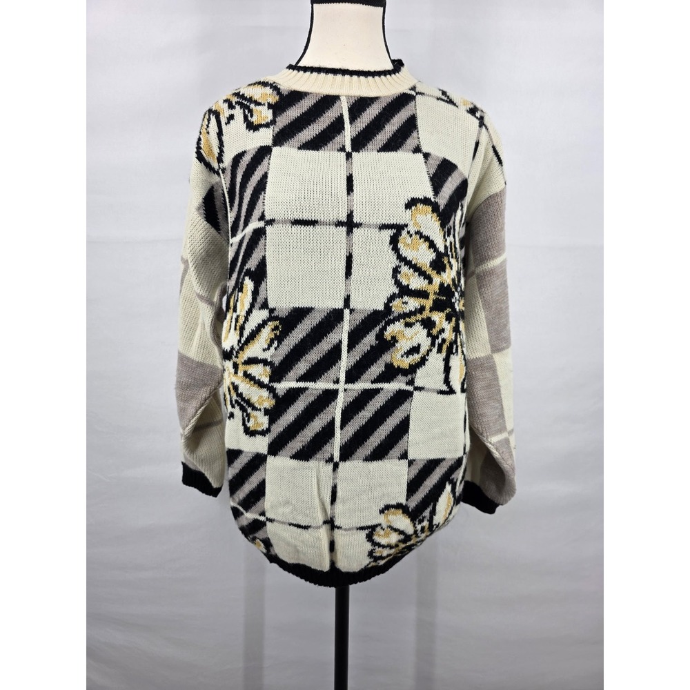 Vintage Spunky Women L Knit Sweater Floral Grid Metallic Gold Made in USA Retro